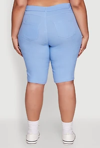 Womens Plus Size Stylish Snatched High Waist Bermuda Shorts with Faux Buttons, Blue, Size 1X