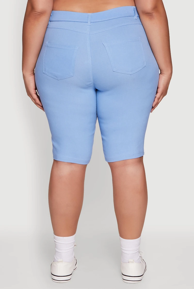 Womens Plus Size Stylish Snatched High Waist Bermuda Shorts with Faux Buttons, Blue, Size 3X