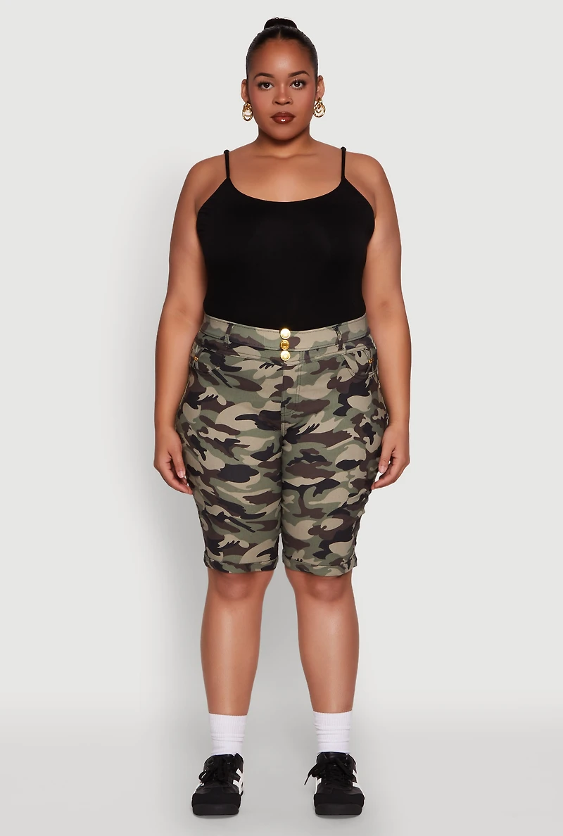 Womens Plus Trendy High Waisted Bermuda Shorts, Green,