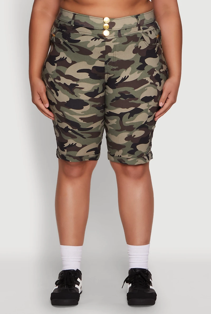 Womens Plus Trendy High Waisted Bermuda Shorts, Green,