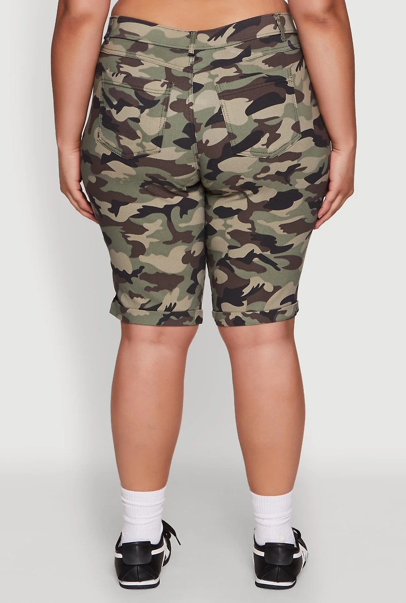 Womens Plus Trendy High Waisted Bermuda Shorts, Green,