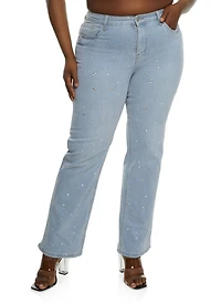 Plus Rhinestone High Waist Straight Leg Jeans