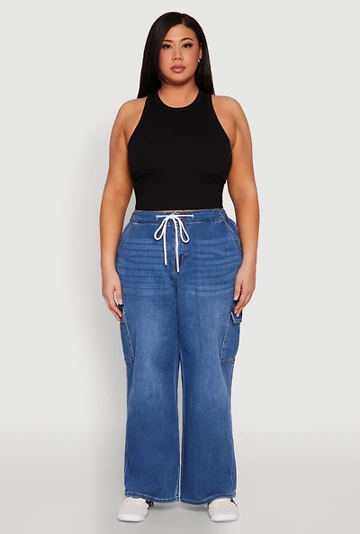 Womens Plus WAX Denim Drawstring Cargo Jeans, Blue,