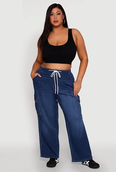 Womens Plus WAX Denim Drawstring Cargo Jeans, Blue,