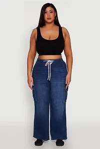 Womens Plus Size WAX Denim Drawstring Cargo Jeans, Blue, Size 1X