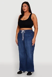 Womens Plus Size WAX Denim Drawstring Cargo Jeans, Blue, Size 1X