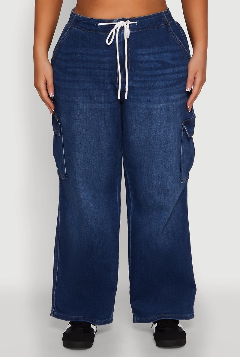 Womens Plus Size WAX Denim Drawstring Cargo Jeans, Blue, Size 1X