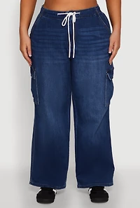 Womens Plus Size WAX Denim Drawstring Cargo Jeans, Blue, Size 1X
