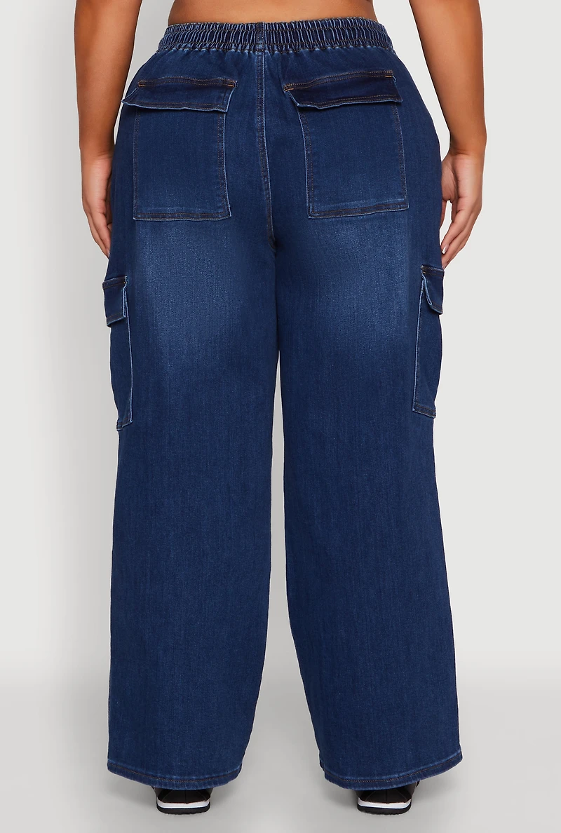 Womens Plus Size WAX Denim Drawstring Cargo Jeans, Blue, Size 1X