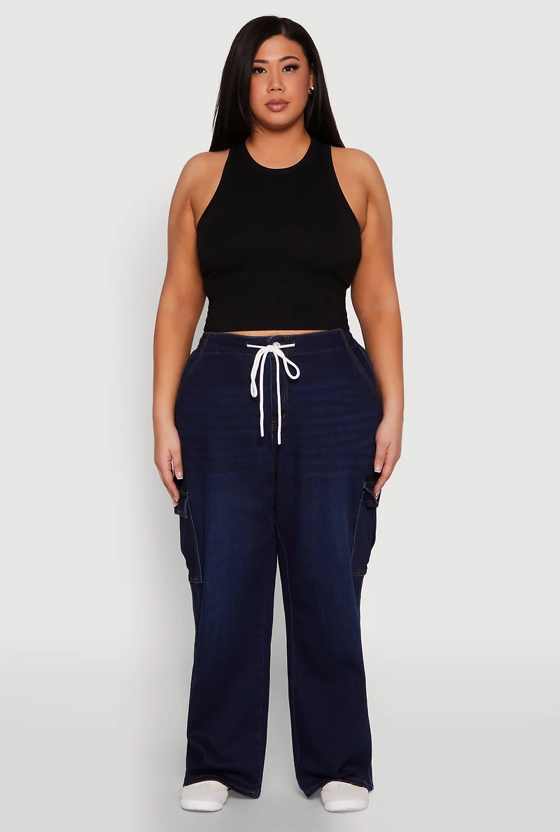 Womens Plus WAX Denim Drawstring Cargo Jeans, Blue,