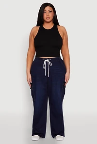 Womens Plus WAX Denim Drawstring Cargo Jeans, Blue,
