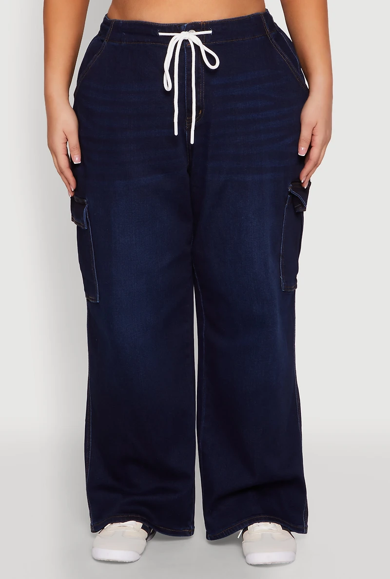 Womens Plus WAX Denim Drawstring Cargo Jeans, Blue,