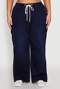 Womens Plus WAX Denim Drawstring Cargo Jeans, Blue,