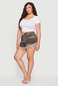 Plus Camo Denim Fringe Hem Shorts