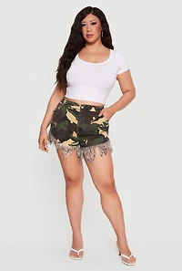 Plus Camo Denim Fringe Hem Shorts