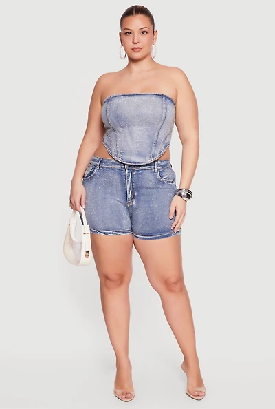Plus High Waisted Rhinestone Denim Shorts