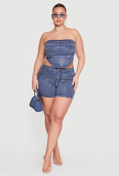 Plus High Waisted Rhinestone Denim Shorts