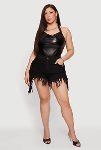 Plus Fringe Hem High Waisted Denim Shorts