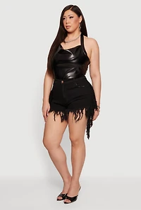 Plus Fringe Hem High Waisted Denim Shorts