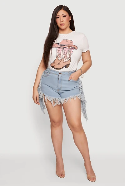Plus Fringe Hem High Waisted Denim Shorts