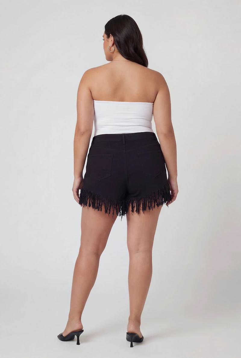 Plus Fringe Hem High Waisted Shorts