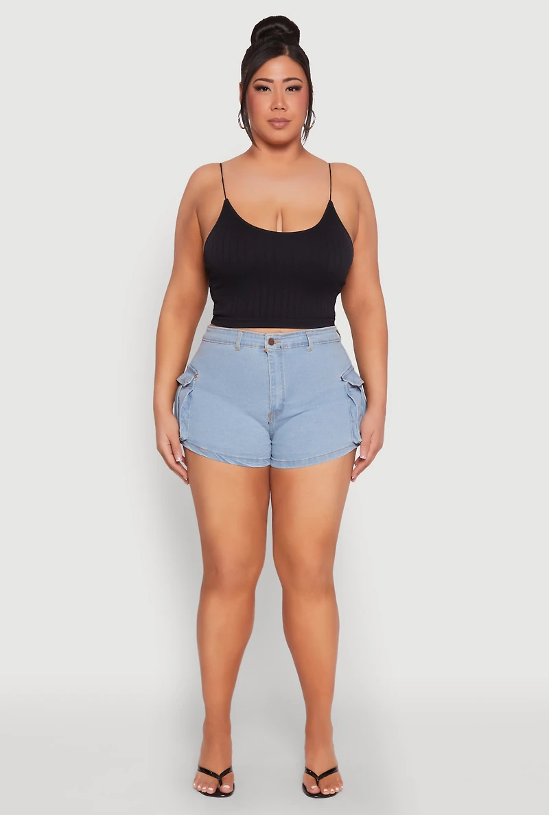 Womens Plus Size Daisy Denim Cargo Shorts, Blue, Size 2X