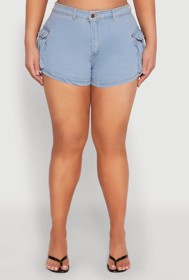 Womens Plus Size Daisy Denim Cargo Shorts, Blue, Size 2X