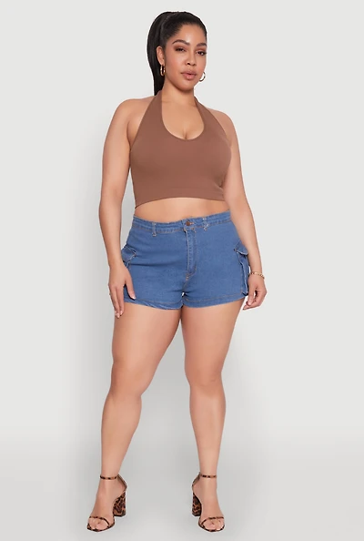 Womens Plus Daisy Denim Cargo Shorts, Blue,