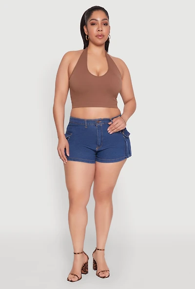 Womens Plus Daisy Denim Cargo Shorts, Blue,