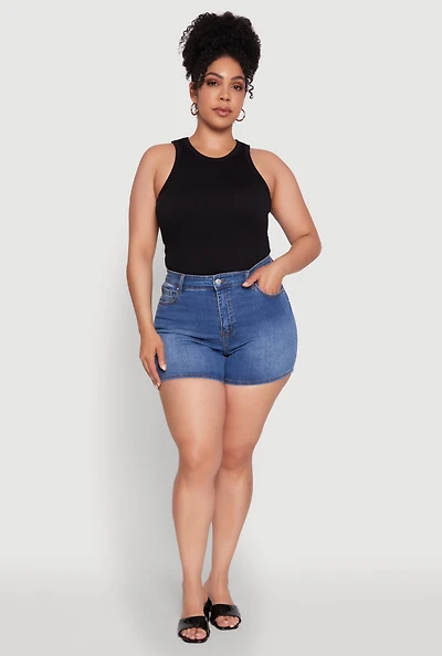 Womens Plus Size WAX Basic Denim Shorts with Stretch, Blue, Size 1X