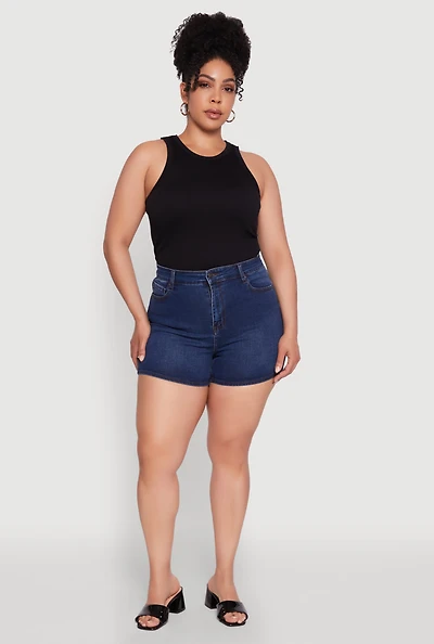 Womens Plus WAX Basic Denim Shorts with Stretch and Whiskering, Blue,