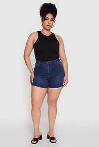 Womens Plus WAX Basic Denim Shorts with Stretch and Whiskering, Blue,