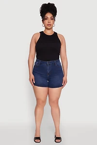 Womens Plus WAX Basic Denim Shorts with Stretch and Whiskering, Blue,