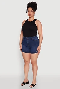 Womens Plus WAX Basic Denim Shorts with Stretch and Whiskering, Blue,
