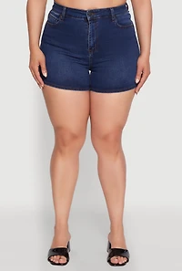 Womens Plus WAX Basic Denim Shorts with Stretch and Whiskering, Blue,