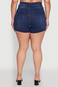 Womens Plus WAX Basic Denim Shorts with Stretch and Whiskering, Blue,