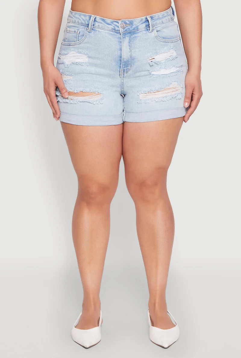 Plus WAX Distressed Denim Cuffed Shorts