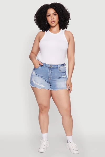 Plus WAX Frayed Hem Denim Shorts