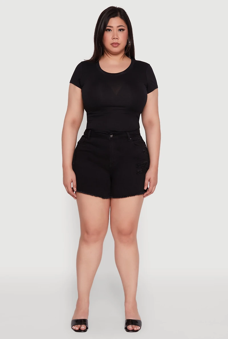 Plus WAX High Waisted Distressed Frayed Hem Denim Shorts