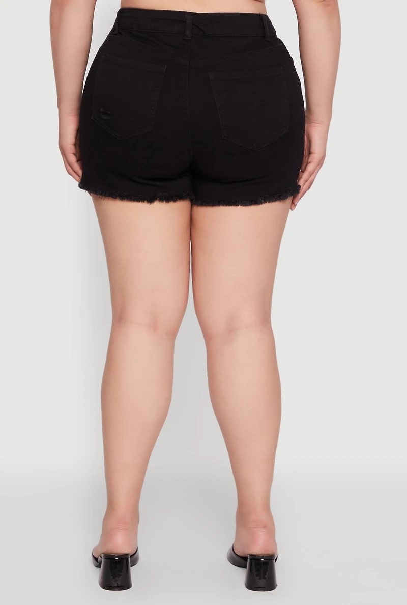 Plus WAX High Waisted Distressed Frayed Hem Denim Shorts
