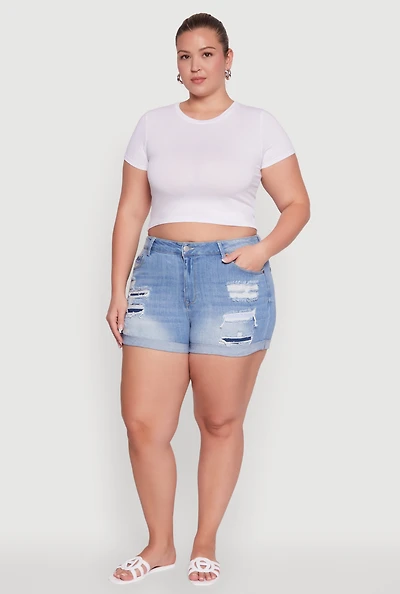 Plus WAX Patch and Repair Cuffed Denim Shorts