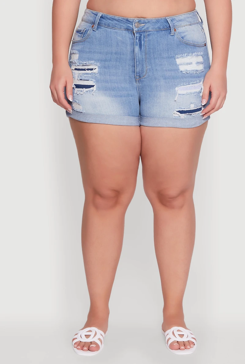 Plus WAX Patch and Repair Cuffed Denim Shorts