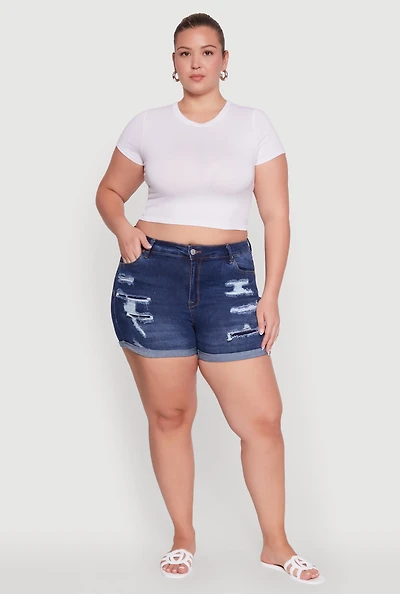 Womens Plus Size WAX Patch and Repair Cuffed Denim Shorts, Blue, Size 1X