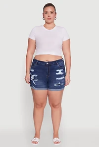 Womens Plus Size WAX Patch and Repair Cuffed Denim Shorts, Blue, Size 1X