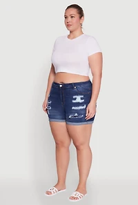 Womens Plus Size WAX Patch and Repair Cuffed Denim Shorts, Blue, Size 1X