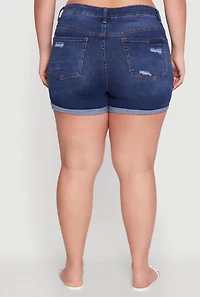 Womens Plus Size WAX Patch and Repair Cuffed Denim Shorts, Blue, Size 1X