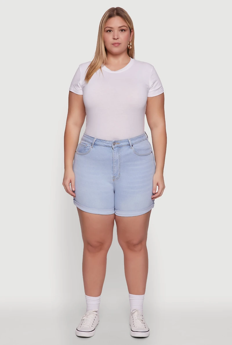 Plus WAX High Waisted Denim Shorts with Stretch and Whiskering