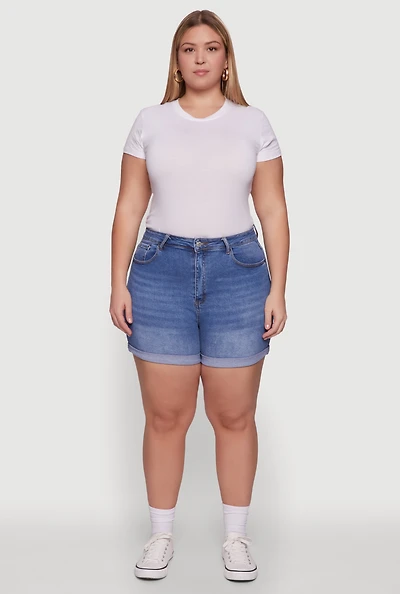 Womens Plus Size WAX High Waisted Denim Shorts with Stretch and Whiskering, Blue, Size 3X