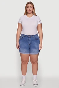 Plus WAX High Waisted Denim Shorts with Stretch and Whiskering