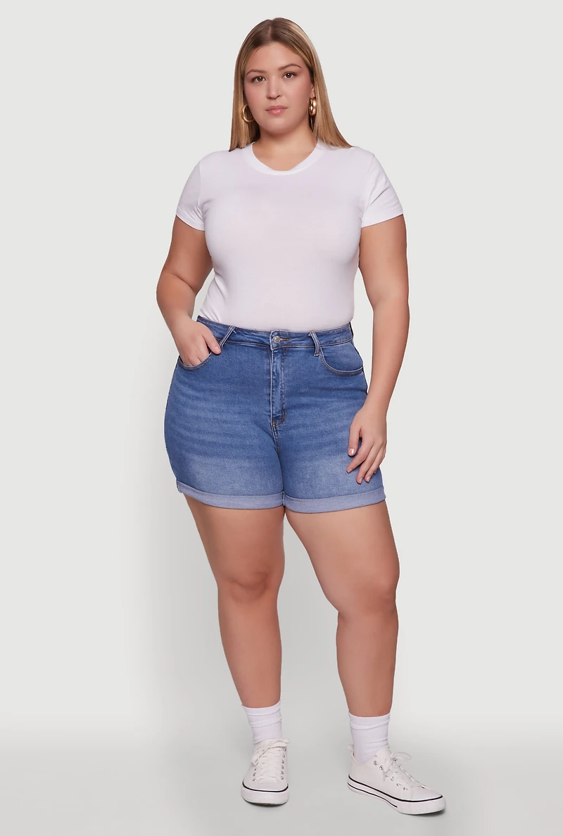 Womens Plus Size WAX High Waisted Denim Shorts with Stretch and Whiskering, Blue, Size 3X